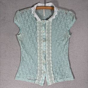 Top Size S Teal Lace Button Up Victorian Peter Pan Collar Coquette Ditsy Prairie